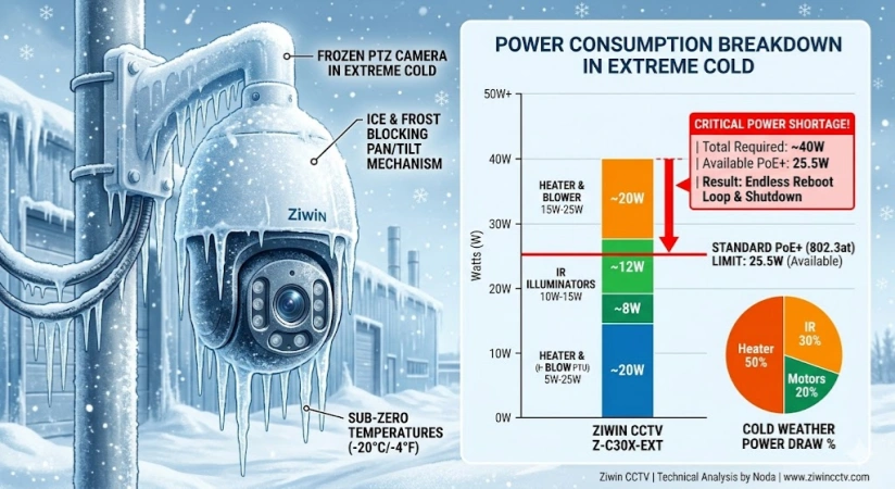 Kung Bakit ang Iyong PTZ Camera ay Nag-Reboot sa Extreme Cold: Ang PoE Power Budget Trap