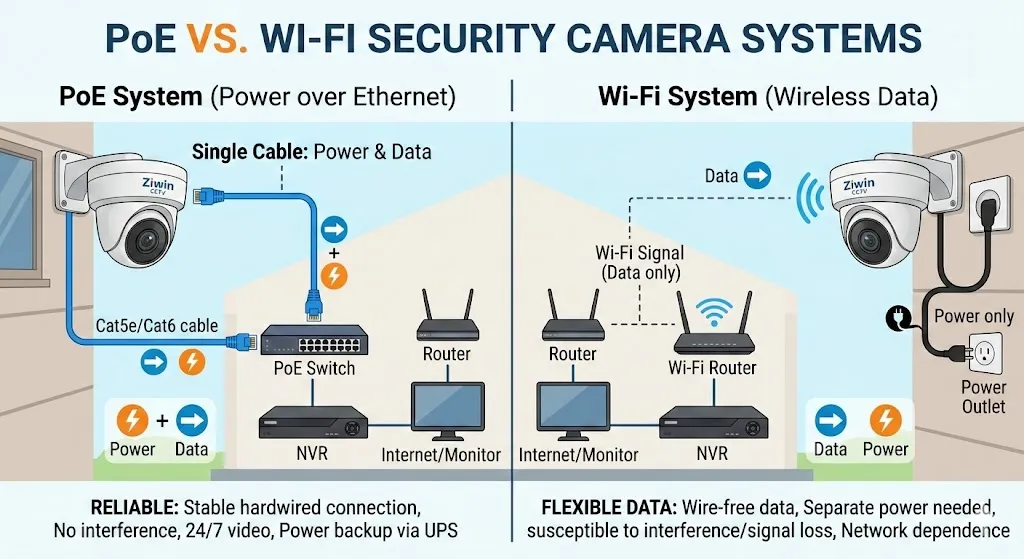 PoE kumpara sa Wi-Fi Security Cameras: Alin ang Mas mahusay para sa Iyong Negosyo noong 2026?